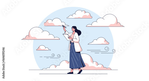 Woman Analyzing Weather Patterns Observing Clouds Charting Atmospheric Conditions