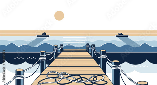 Wooden Pier Leading to the Ocean with Boats at Dusk Serene Minimalist Vector Scene