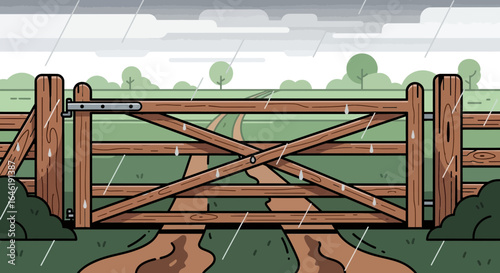 Wooden Gate in Rainy Weather Leading to Open Field Landscape Scenery