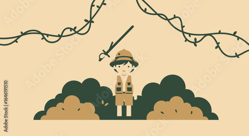Young Adventurer Discovering Jungle With Pith Helmet And Machete Ready