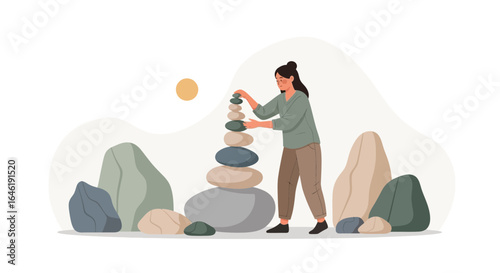Woman Balancing Stacked Stones Outdoor Mindfulness Meditation Concept Illustration