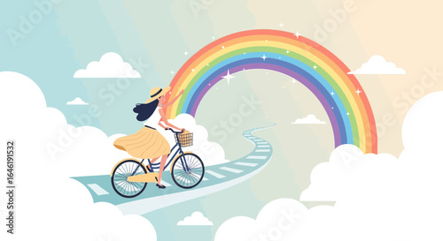Woman Biking Toward Rainbow In The Sky Dream Journey On Cloudscape