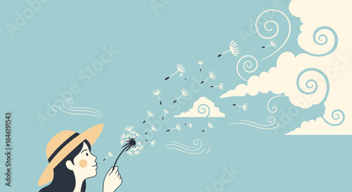 Woman blowing dandelion seeds creating a dreamy and whimsical illustration evoking freedom and hope