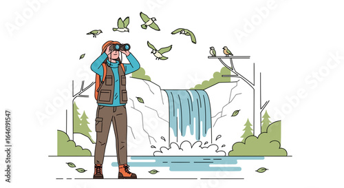 Woman birdwatching with binoculars at a scenic waterfall in a lush natural setting