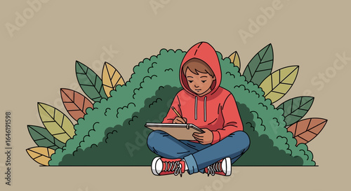 Young Artist Outdoors Drawing Illustration In Nature With Leaves Backdrop