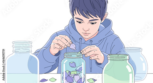 Young boy carefully placing colorful petals into a glass jar illustration art