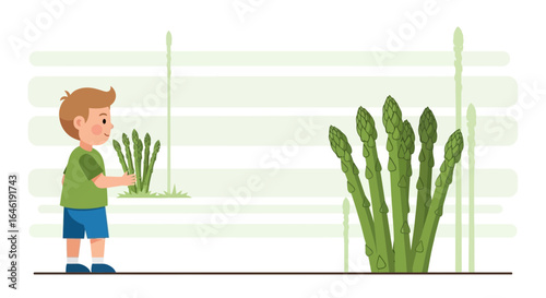 Young boy examining asparagus growth in a field agricultural farming concept art