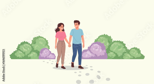 Young couple walking in a park holding hands enjoying a romantic moment together