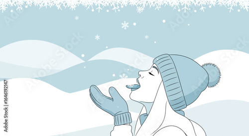 Woman enjoying the winter season catching snowflakes on her tongue in a snowy landscape minimalis art background illustration