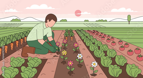 Young gardener planting flowers in a vegetable garden full of ripe crops under sun