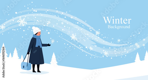 Woman Enjoying The First Snowfall In A Winter Landscape Vector Illustration