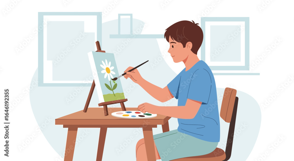 Fototapeta premium Young Man Enjoys Painting A Daisy On Canvas In His Creative Home Space