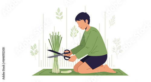 Young Man Cutting Lemongrass Stalks For Herbal Tea Preparation Outdoors