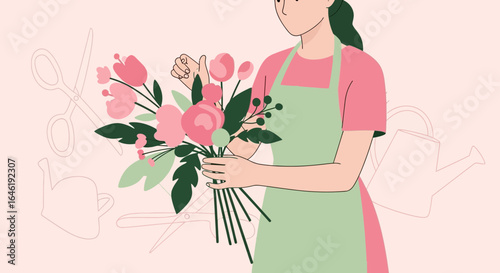 Woman florist creating a beautiful flower arrangement with tulips and peonies in shop