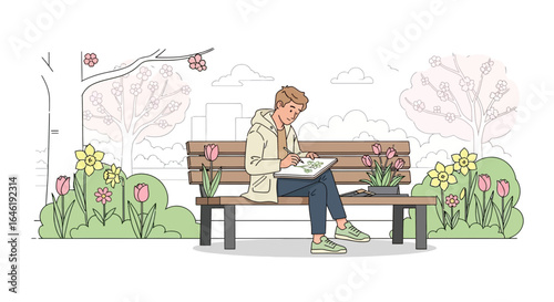 Young man drawing nature in the park with flowers on spring sunny day illustration