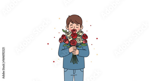 Young man holding and smelling a large bouquet of red and white roses with closed eyes and a peaceful expression of contentment