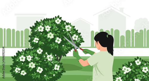 Woman gardening cutting bushes with pruning shears in her garden illustration