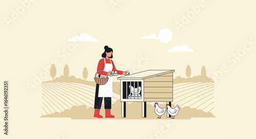 Woman Gathering Fresh Eggs From Her Chicken Coop In Countryside Field