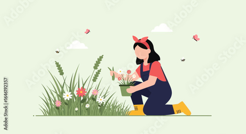 Woman gardening in a beautiful field with flowers butterflies and bees illustration minimal flat vector art design style banner vector illustration