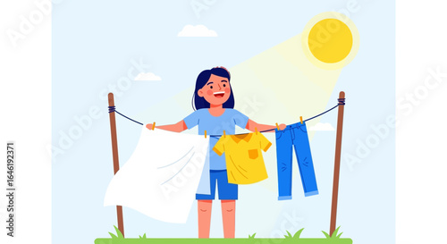 Woman Hanging Clothes Outdoor On Sunny Day In Her Backyard With Clean Energy