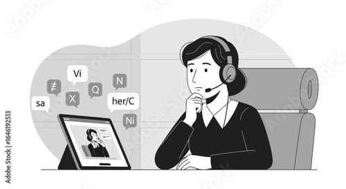 Woman in a video conference thinking about the content with speech bubbles and tablet