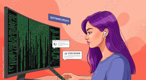 Young programmer works at home with a monitor full of code and reviews a new software updating and coding program at night
