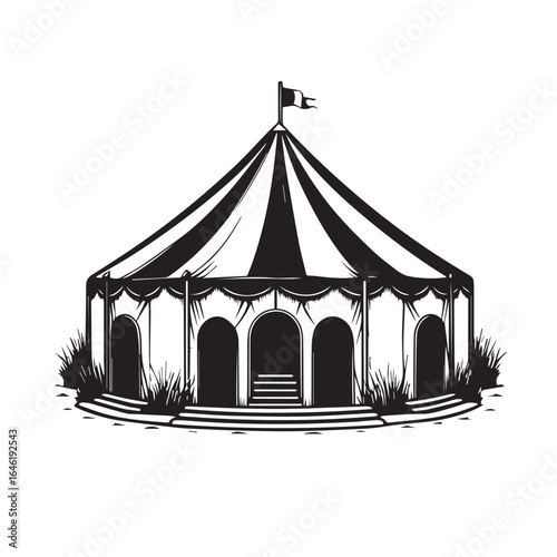 Vector art of black and white illustration of a classic striped circus big top tent with a flag on top and arched entrances