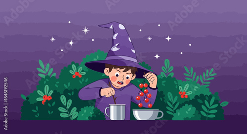 Young wizard concocting a potion under the starlit sky surrounded by lush greenery