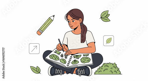 Young woman drawing plants in her sketchbook, surrounded by nature inspired creative hobby concept, enjoying art and botanical illustration