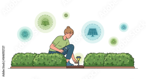Woman Installing Solar Powered Garden Lights Promoting Sustainable Lifestyle Changes