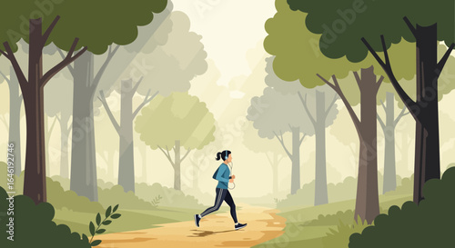 Woman jogging in a serene forest setting embodying a healthy lifestyle and connection with nature