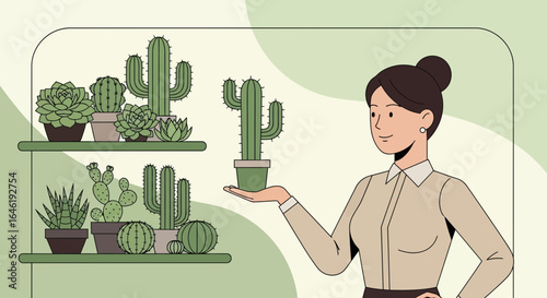 Young Woman Holding Cactus Plant With Shelf Of Various Potted Succulents