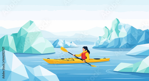 Woman kayaking through icy waters amidst stunning icebergs in a minimalist landscape