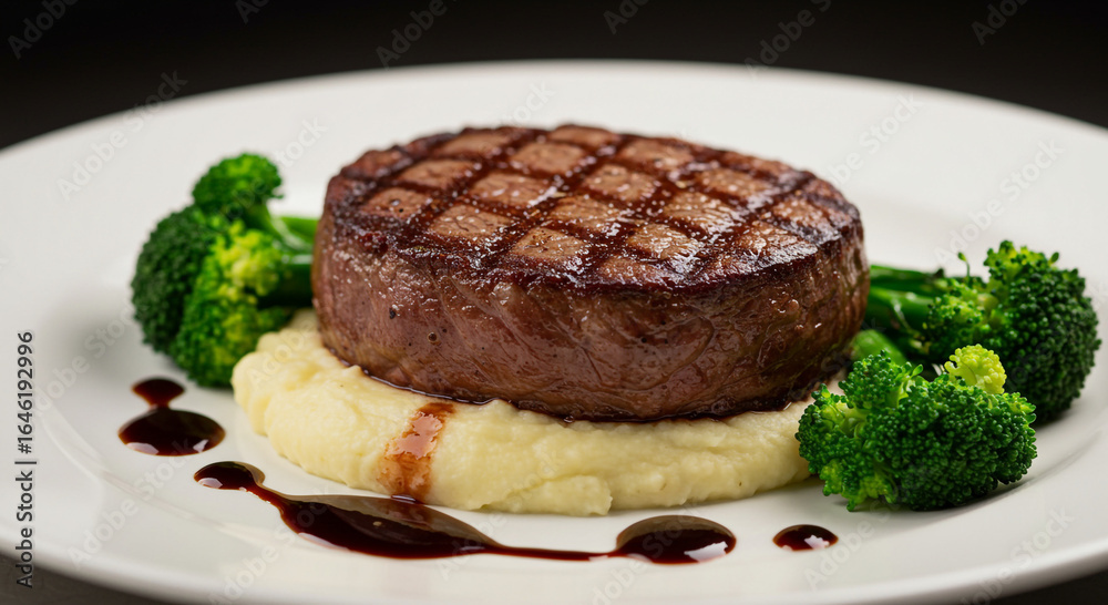 A grilled steak served on mashed potatoes with broccoli and a dark sauce on a white plate close up A grilled steak served on mashed potatoes with broccoli and a dark sauce on a white plate close up