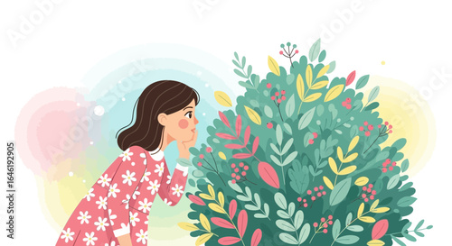 Young Woman Secretly Listening Hiding Behind Colorful Blooming Bushes Illustration