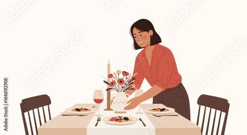 Young woman sets a beautifully arranged table for a special occasion dinner