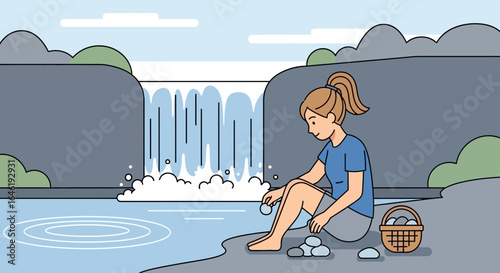 Young woman skipping stones by a tranquil waterfall embodies peacefulness and connection with nature