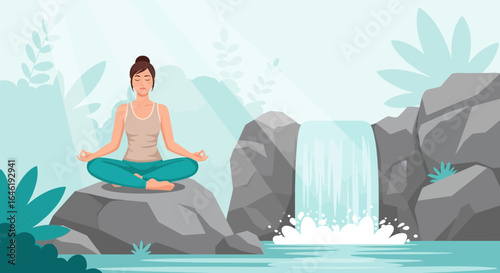 Woman meditating near a serene waterfall landscape illustration with nature elements enhancing relaxation and inner peace