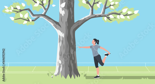 Young woman stretches outdoors under a tree in a park for a healthy lifestyle and well-being on a beautiful day