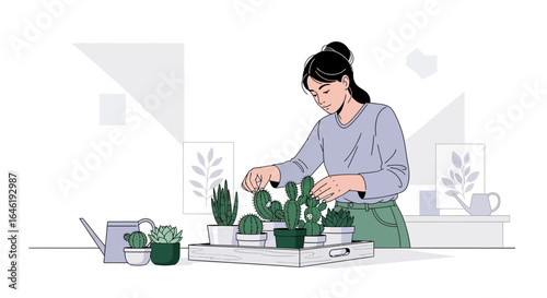 Young woman tending to her indoor cactus garden with care and attention to detail creating a peaceful scene