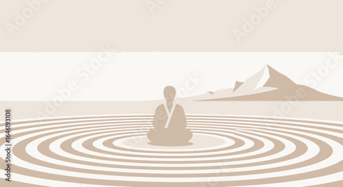 Zen Garden Serenity: Meditating Figure in a Minimalist Landscape with Mountain Backdrop