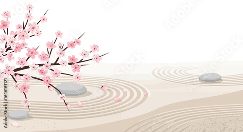 Zen garden illustration with cherry blossoms in spring, creating a calming and serene atmosphere