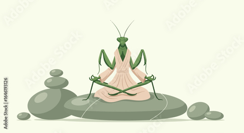 Zen Mantis Meditating: A Cartoon Praying Mantis Finds Peace in Nature Illustration