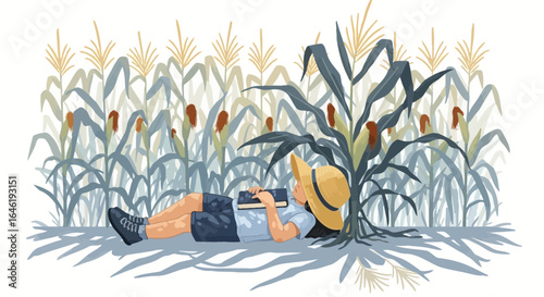 Youngster Enjoying Nature Reading And Relaxing In A Cornfield On A Sunny Day