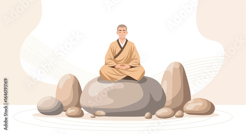 Zen monk meditating on a stone in a peaceful zen garden illustrating mindfulness and meditation for relaxation and spiritual well being