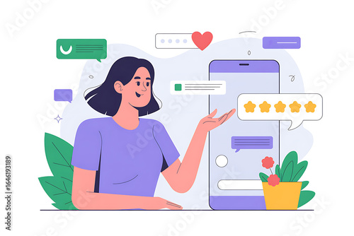 Woman giving a five star rating on a mobile phone screen