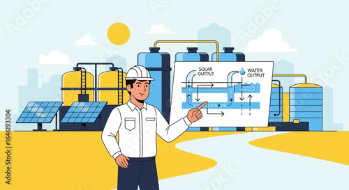 Engineer Explaining Solar And Water Outputs Diagram For Renewable Energy