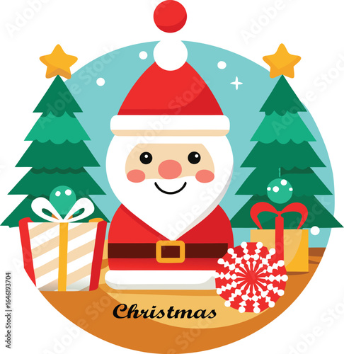 Happy cartoon Christmas card with Santa Claus, gifts, and a tree, perfect for a festive winter holiday celebration