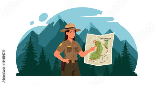 Female Park Ranger Explaining Nature Trail Map in Conservation Area