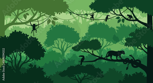 Mystical Jungle Silhouette With Exotic Wildlife And Verdant Canopy